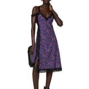 KOCHE Collective Slip Dress Womens Sz 36 3XS Purple Black Lace Trim Slit Dot‎